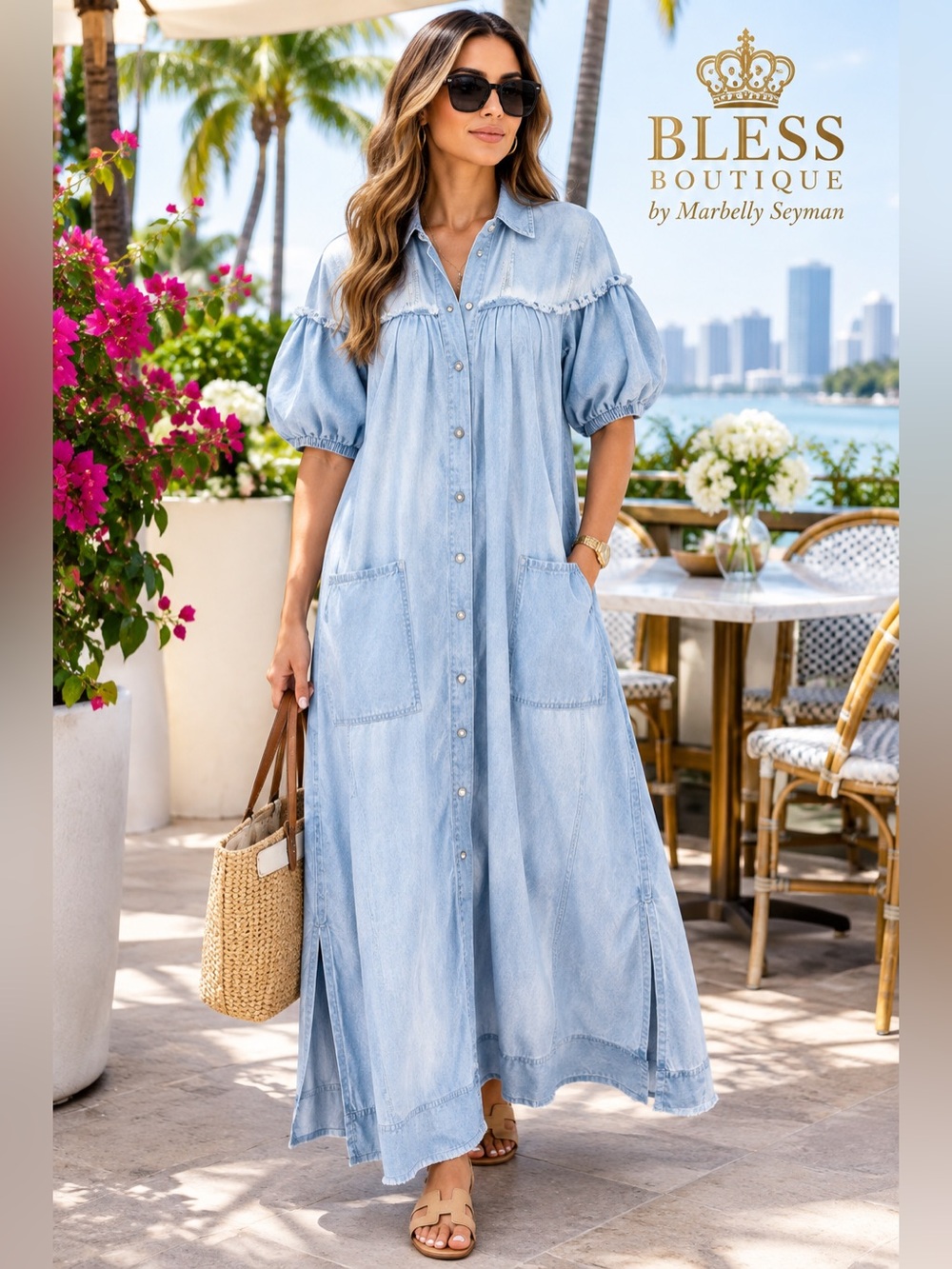 Free People On The Road Maxi Dress XL Blue Denim Chambray Puff Sleeve Boho